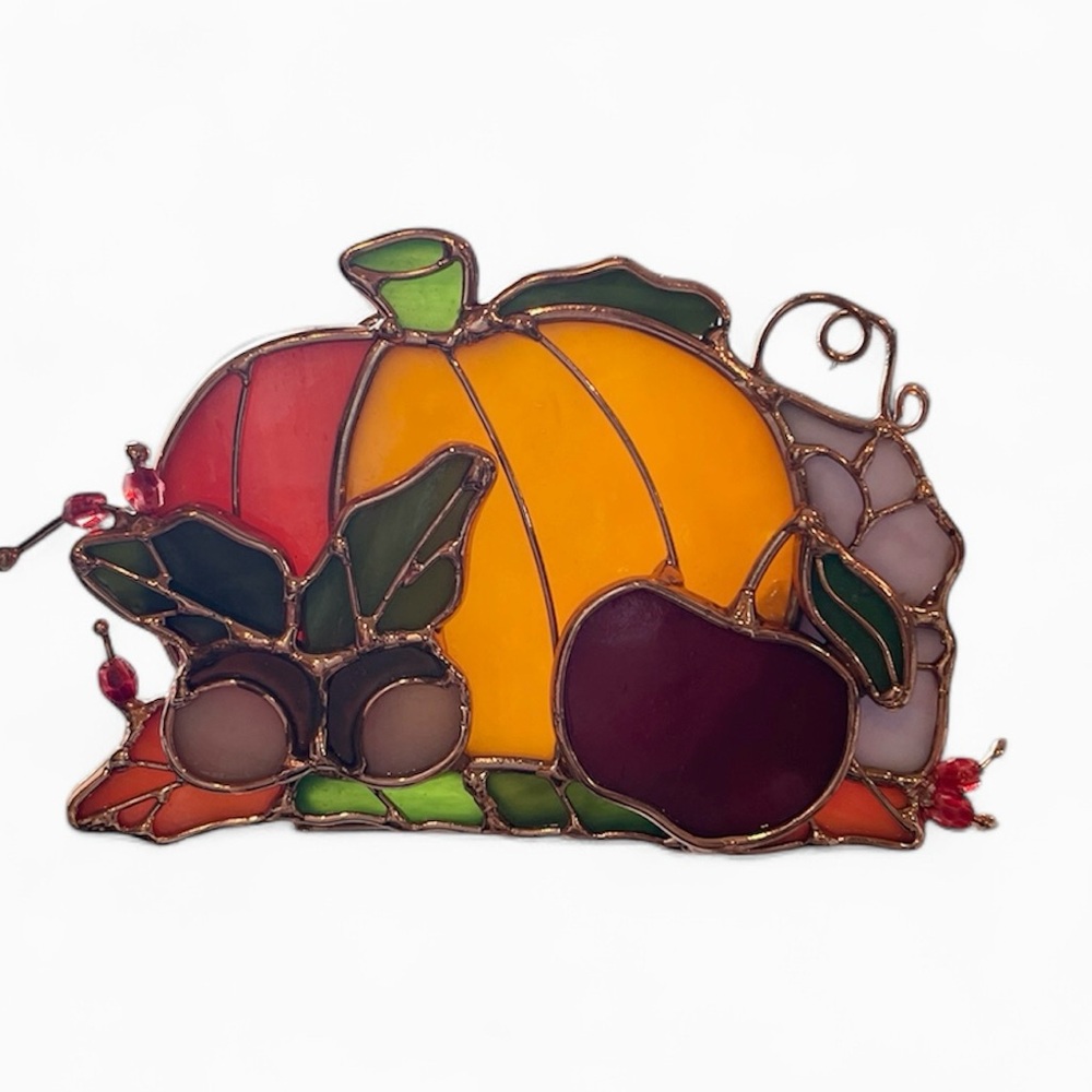 Vintage Small Stained Glass Pumpkin Autumn Tealight Holder Fall Apple Acorns - Picture 3 of 8